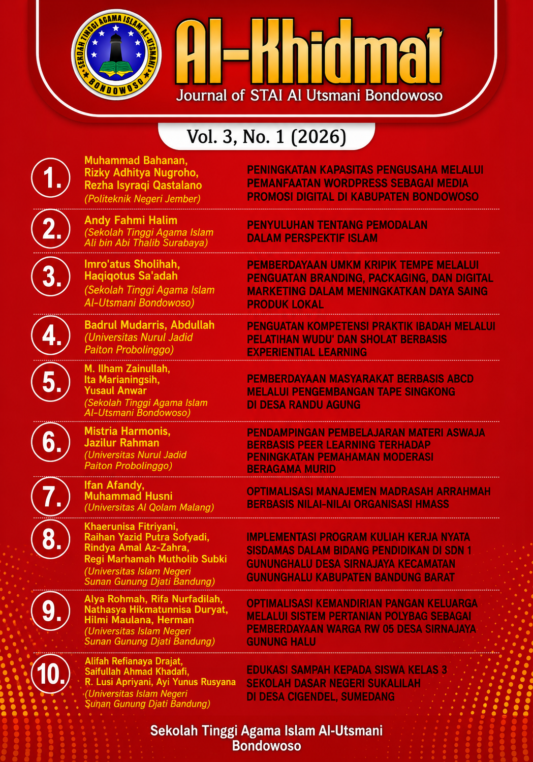 					View Vol. 3 No. 1 (2026): Juni (2026): Al-Khidmat: Jurnal Pengabdian Kepada Masyarakat
				